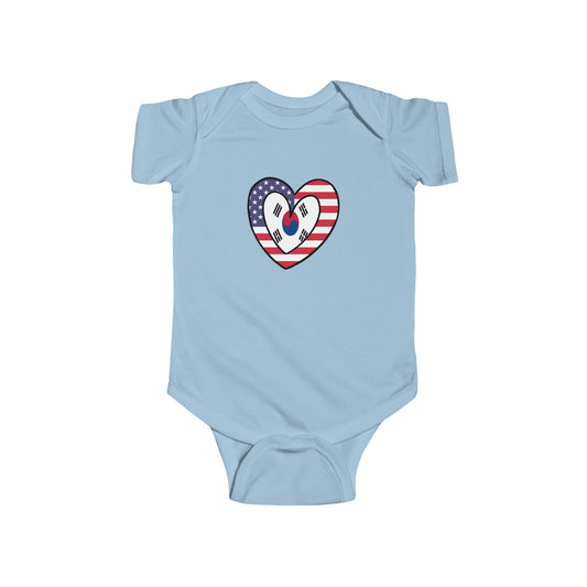 South Korean American Heart Valentines Day Gift Half Korea USA Flag Baby Bodysuit | Newborn Boy Girl