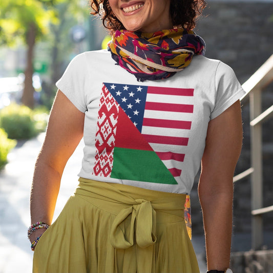 Women's Belarus American Flag Half USA Cotton Tee Shirt