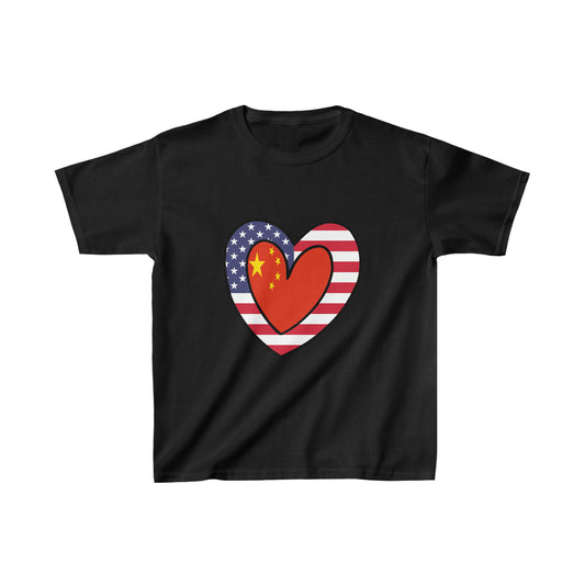Kids China American Heart Valentines Day Gift Half Chinese USA Flag T-Shirt | Unisex Tee Shirt