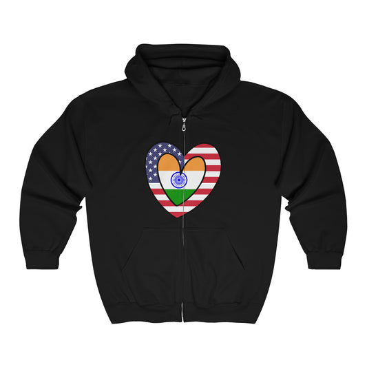 American Asian Indian Flag Inner Heart USA India Zip Hoodie | Hooded Sweatshirt