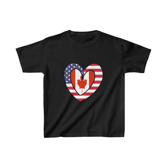 Kids Canadian American Heart Valentines Day Gift Half Canada USA Flag T-Shirt | Unisex Tee Shirt