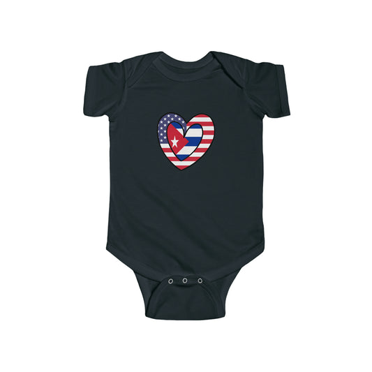 Cuban American Heart Valentines Day Gift Half Cuba USA Flag Baby Bodysuit | Newborn Boy Girl