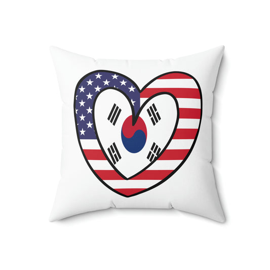 South Korean American Heart Valentines Day Gift Half Korea USA Flag Wedding Spun Polyester Square Pillow