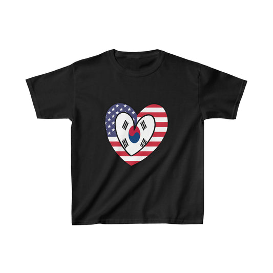 Kids South Korean American Heart Valentines Day Gift Half Korea USA Flag T-Shirt | Unisex Tee Shirt