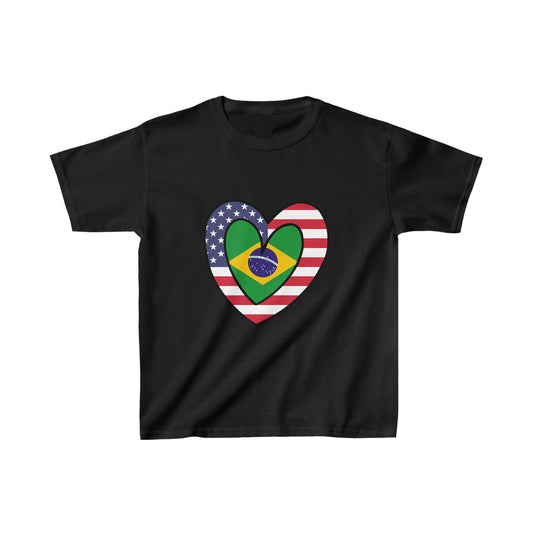 Kids Brazilian American Heart Valentines Day Gift Half Brazil USA Flag T-Shirt | Unisex Tee Shirt