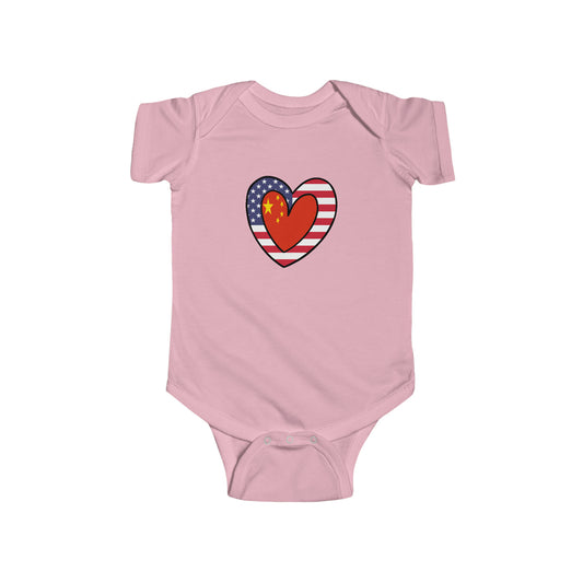 China American Heart Valentines Day Gift Half Chinese USA Flag Baby Bodysuit | Newborn Boy Girl