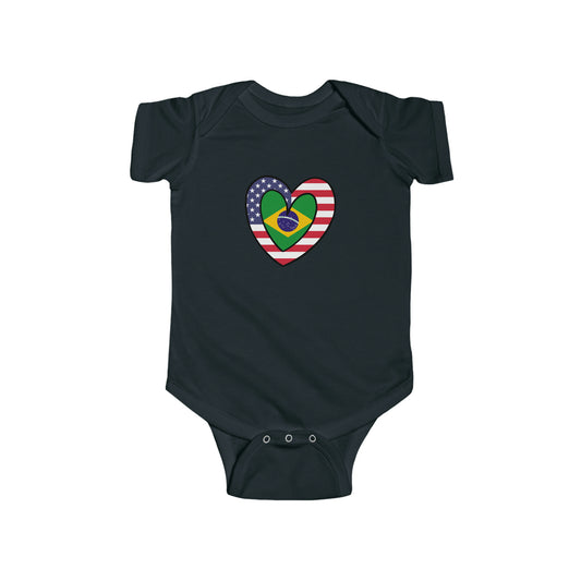 Brazilian American Heart Valentines Day Gift Half Brazil USA Flag Baby Bodysuit | Newborn Boy Girl