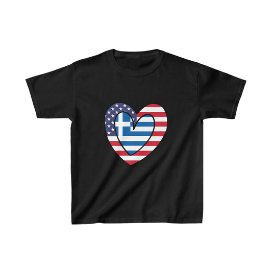 Kids Greek American Heart Valentines Day Gift Half Greece USA Flag T-Shirt | Unisex Tee Shirt