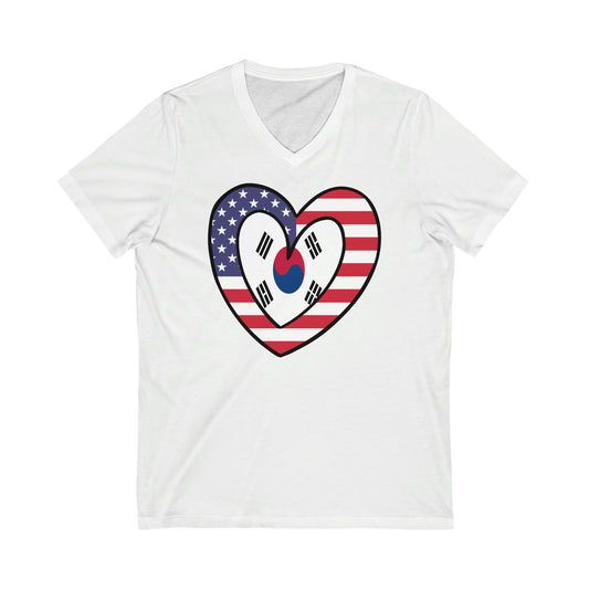 South Korean American Heart Valentines Day Gift Half Korea USA Flag V-Neck T-Shirt | Unisex Vee Shirt