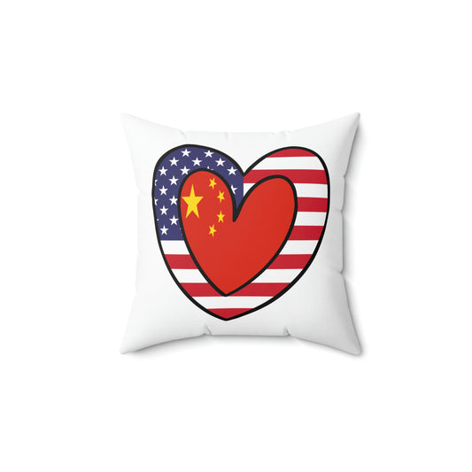 China American Heart Valentines Day Gift Half Chinese USA Flag Wedding Spun Polyester Square Pillow