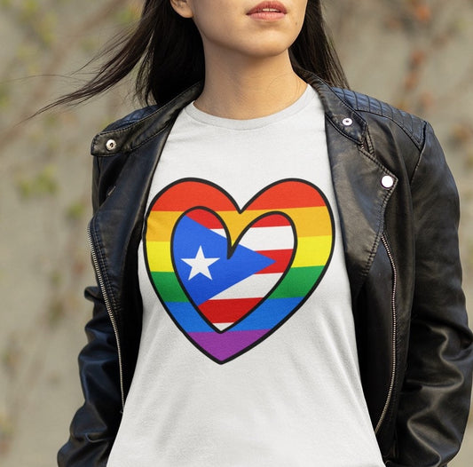 Puerto Rican Pride Rainbow Flag Heart T-Shirt | Unisex Boricua Pride Month Tee