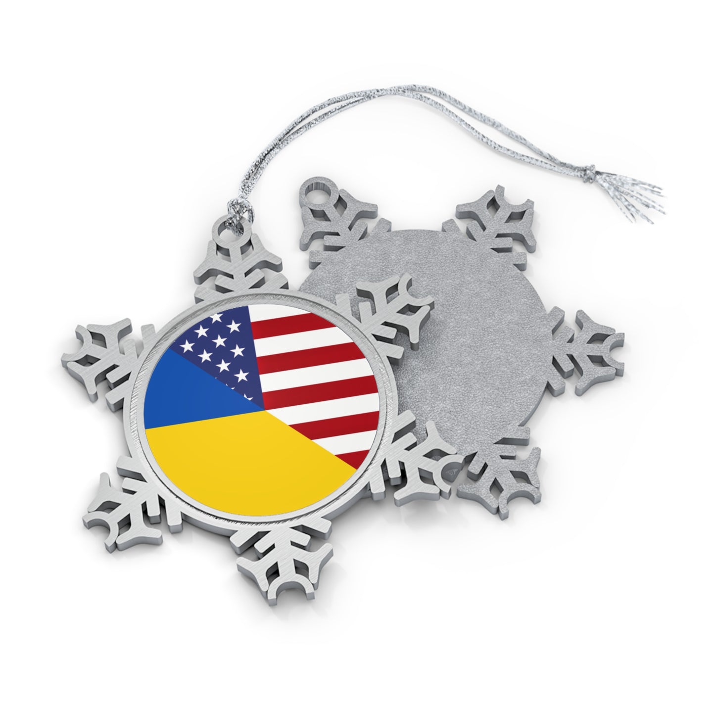Ukrainian American Flag | Half Ukraine USA Pewter Snowflake Ornament