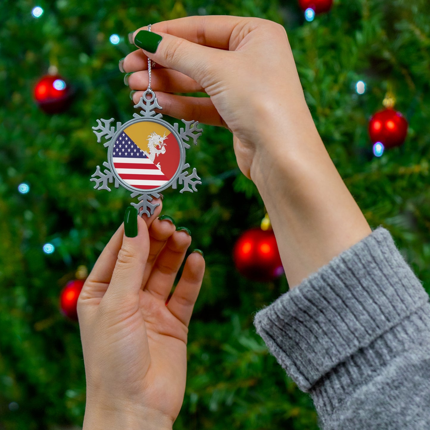 Bhutan American Flag Half Bhutanese USA Pewter Snowflake Ornament
