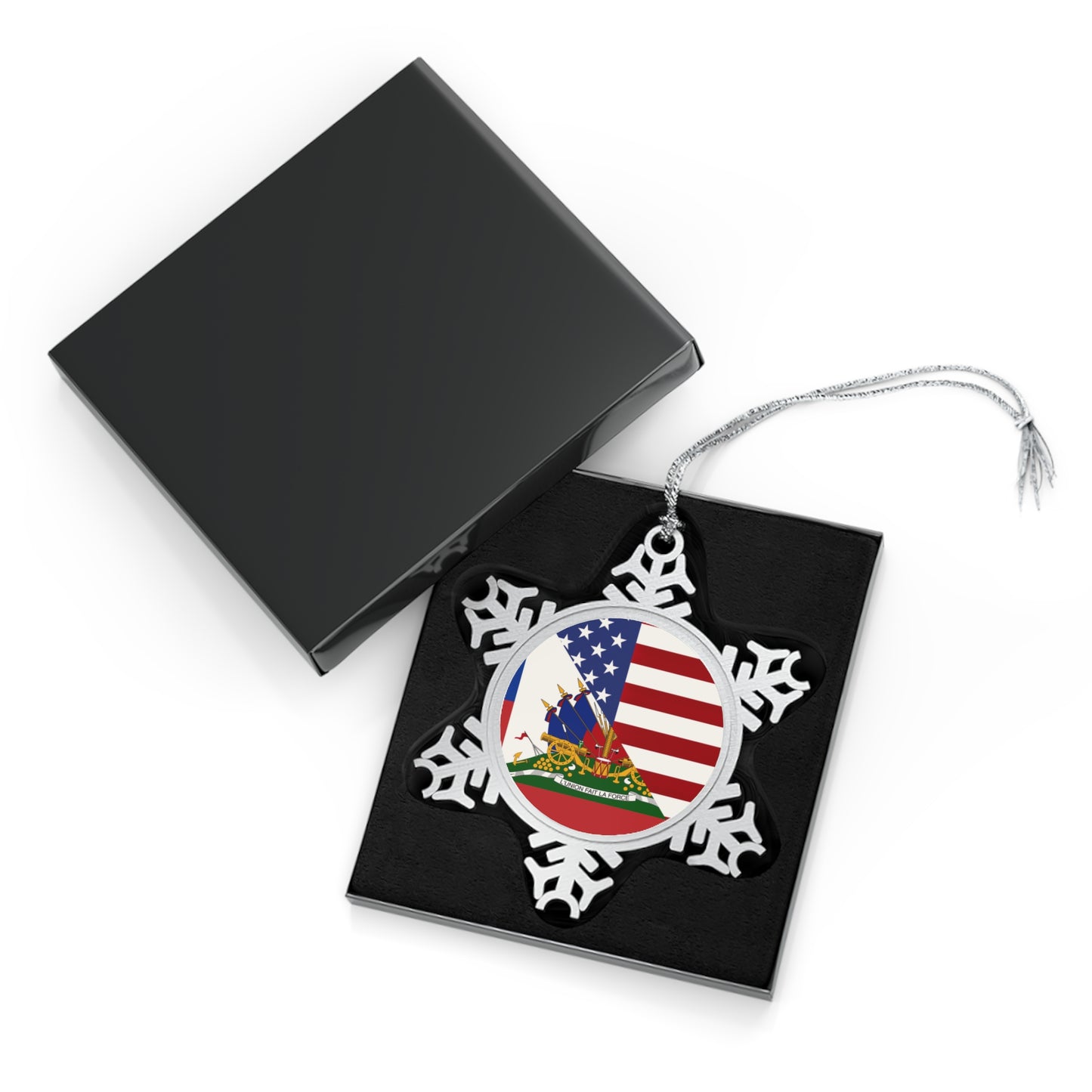 Haiti America Flag | Half Haitian American Flag Ayiti Pewter Snowflake Ornament