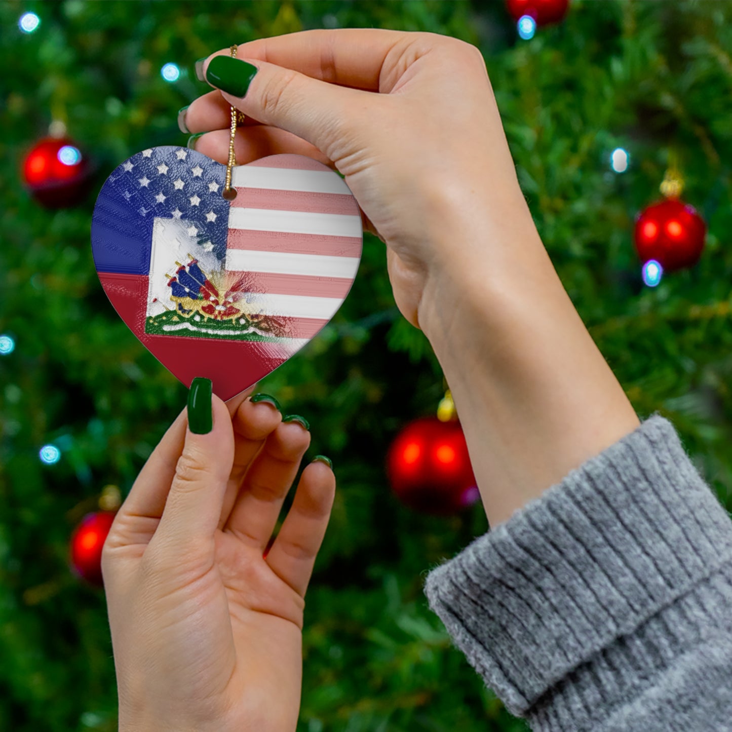 Haiti America Flag Painted | Half Haitian American Flag Ceramic Ornament | Christmas Tree Ornaments