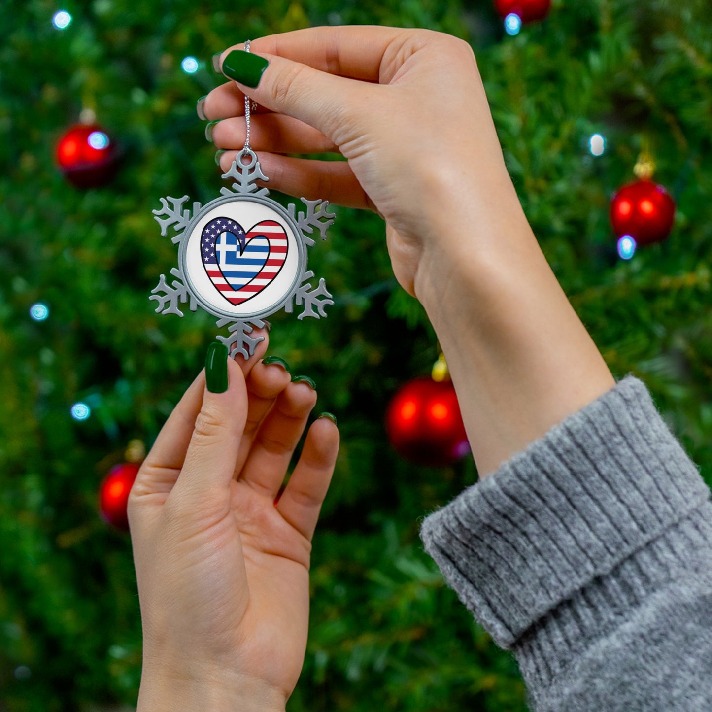 Greek American Heart Valentines Day Gift Half Greece USA Flag Pewter Snowflake Ornament