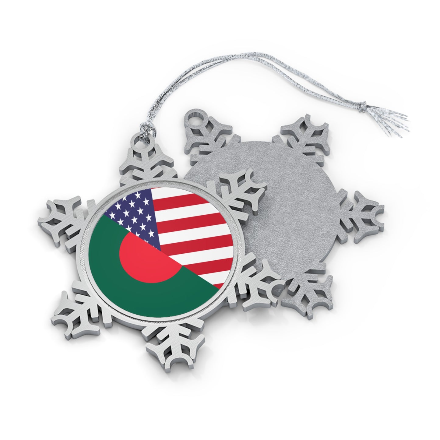 Bangladesh American Flag Half USA Pewter Snowflake Ornament