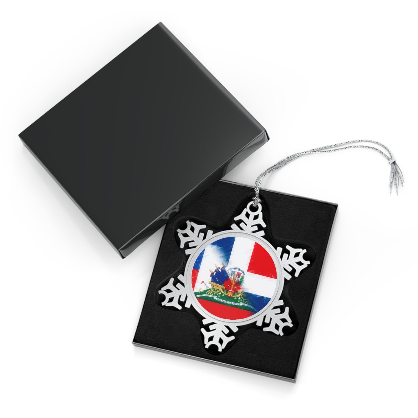 Haiti Dominican Republic Flag | Hispaniola DR Half Haitian Dominican Flag Pewter Snowflake Ornament