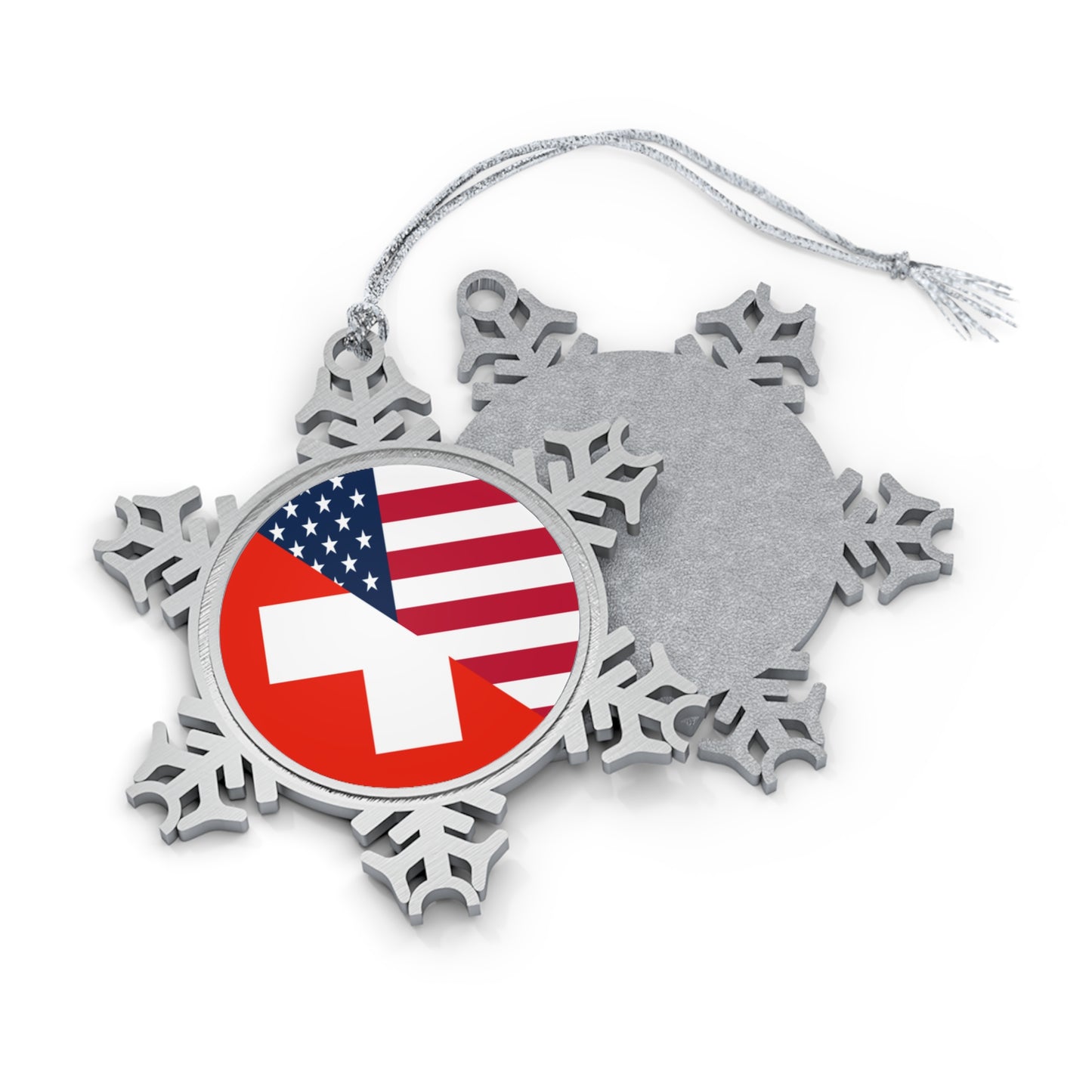 Swiss American Flag Switzerland USA Pewter Snowflake Ornament