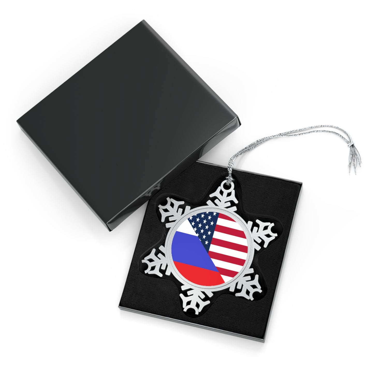 Russian American Flag Half Russia USA Pewter Snowflake Ornament