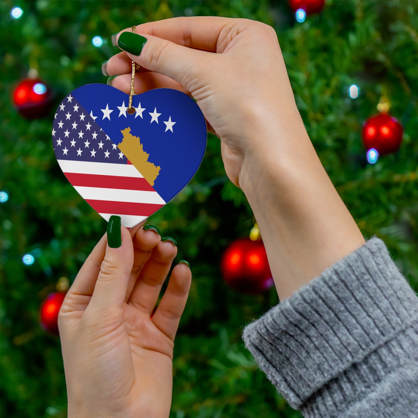 Kosovo American Flag Kosovar Ceramic Ornament | Christmas Tree Ornaments