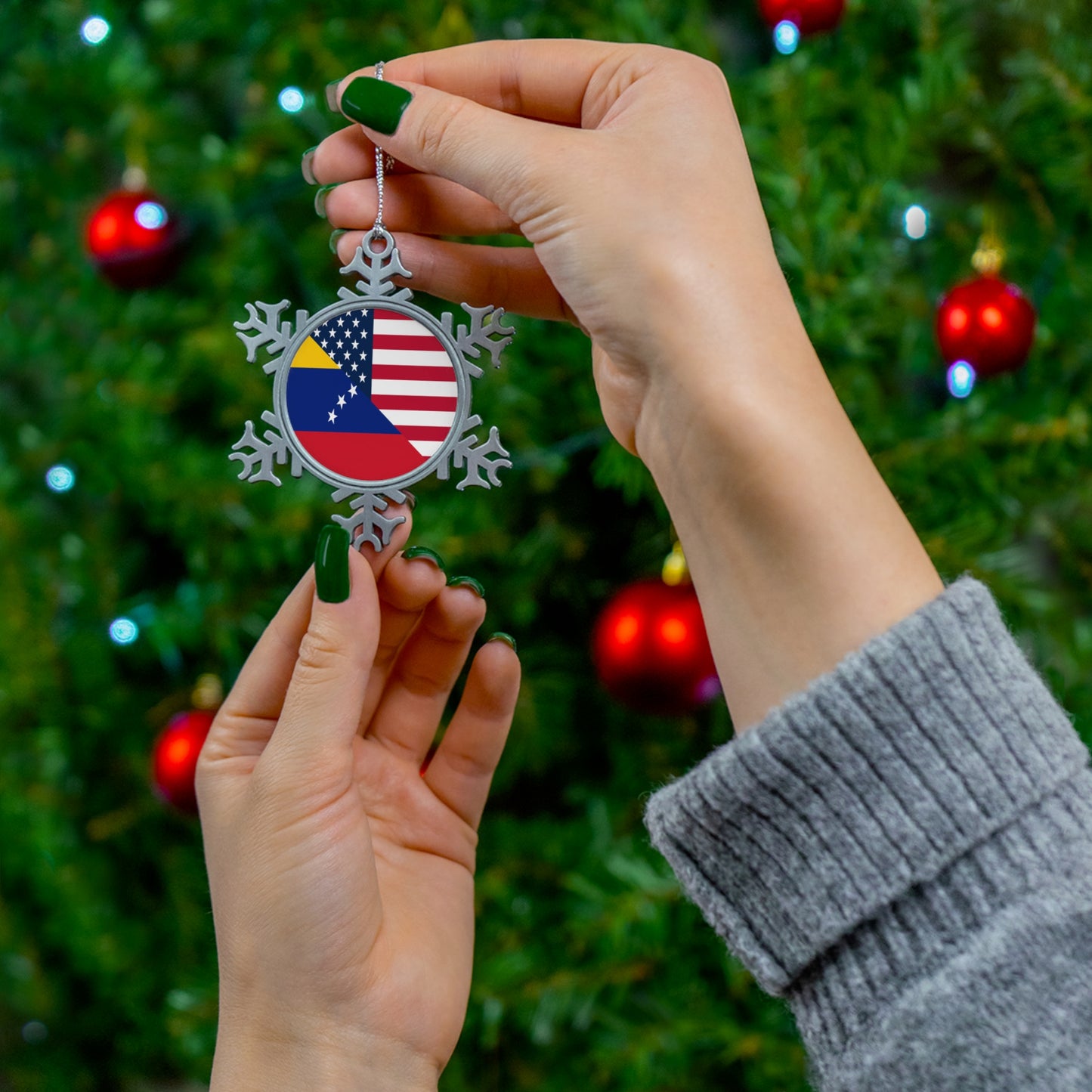 Venezuela American Flag Half Venezuelan USA Pewter Snowflake Ornament