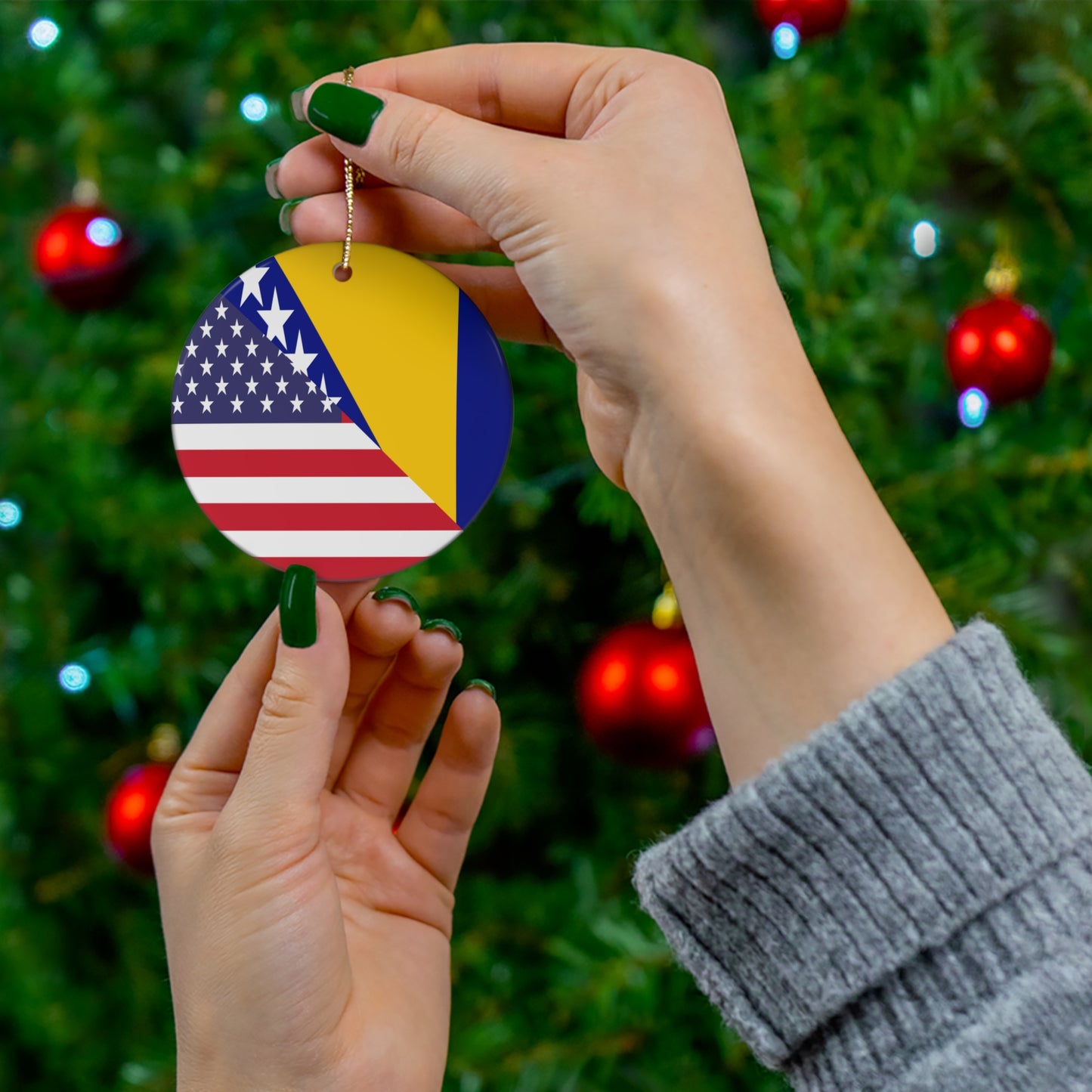 Bosnia Herzegovina American Flag Ceramic Ornament | Christmas Tree Ornaments