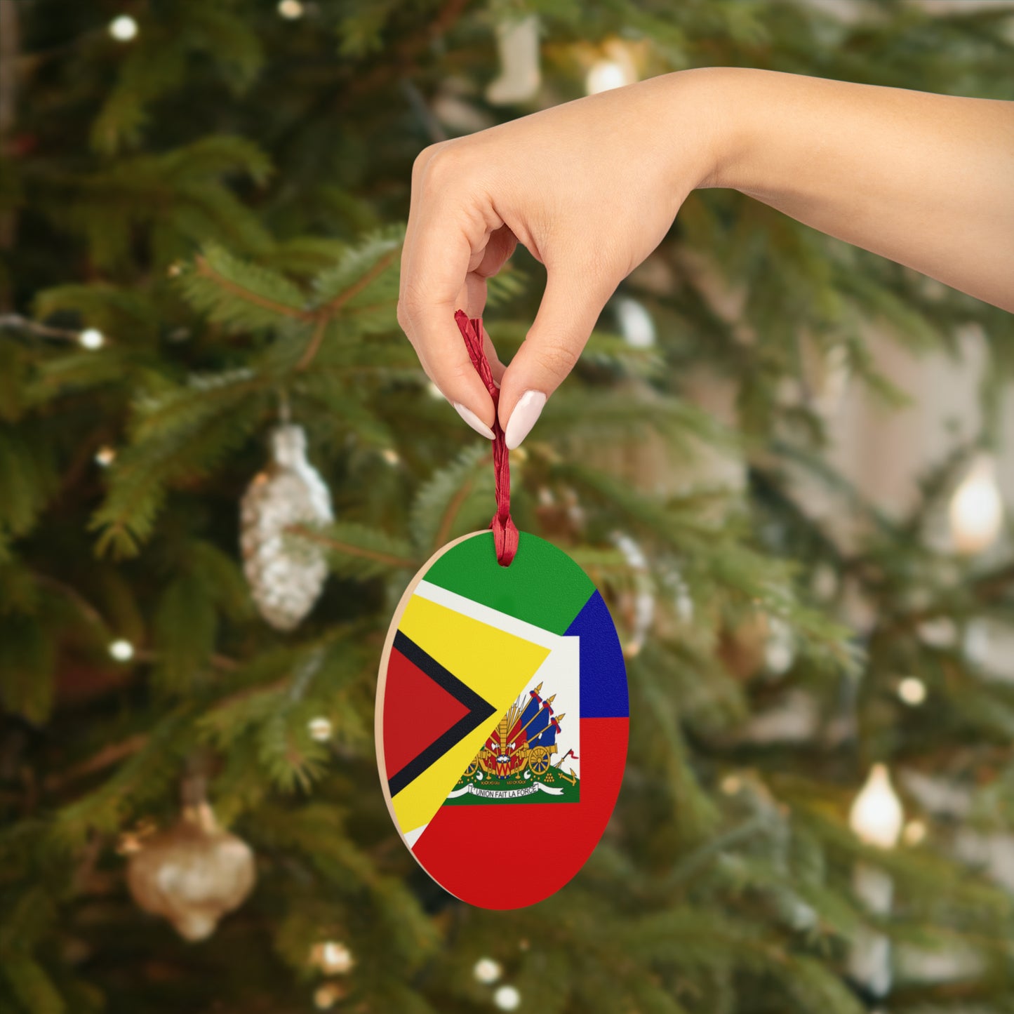 Guyanese Haitian Flag | Half Guyana Haiti Flag Wooden Ornament