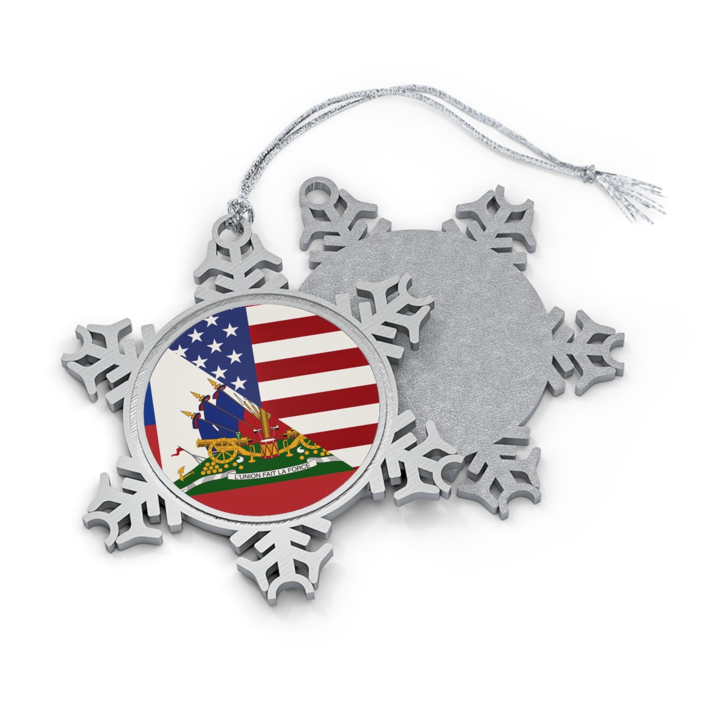 Haiti America Flag | Half Haitian American Flag Ayiti Pewter Snowflake Ornament