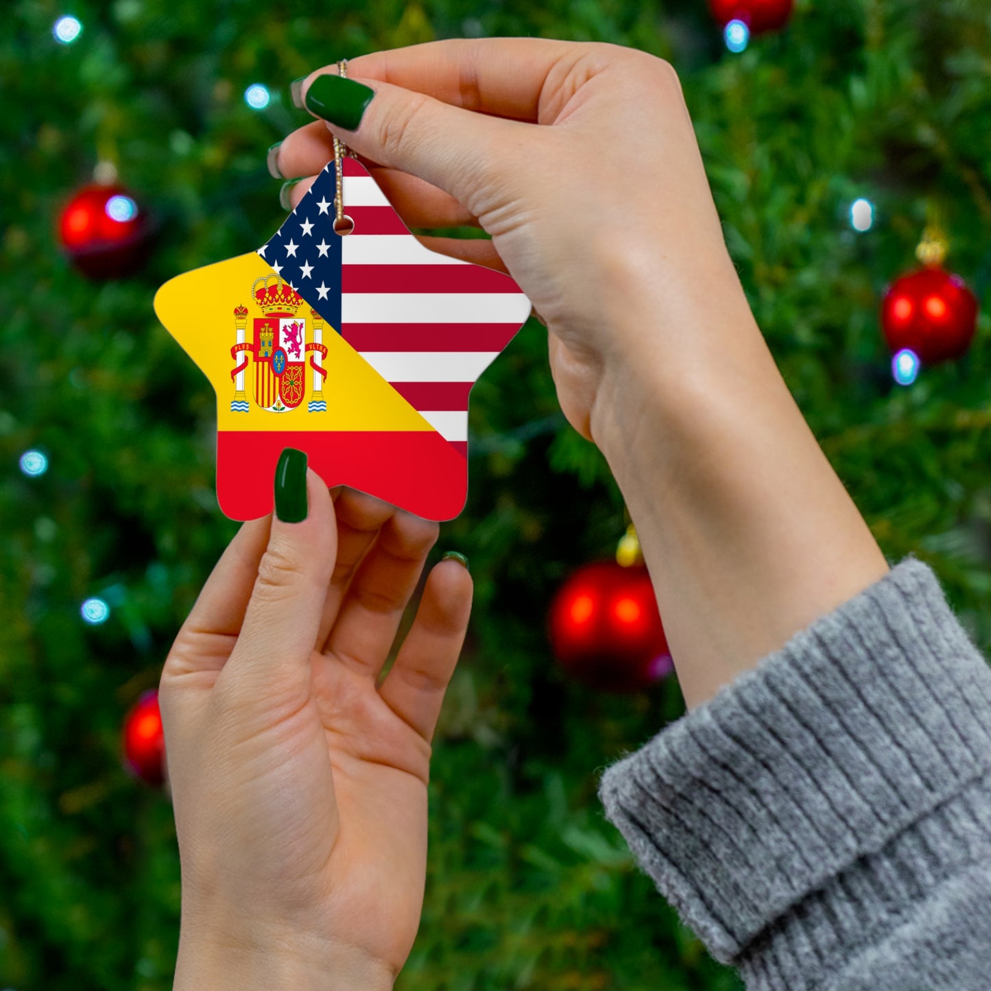 Spain American Flag Half Spanish USA Ceramic Ornament | Christmas Tree Ornaments