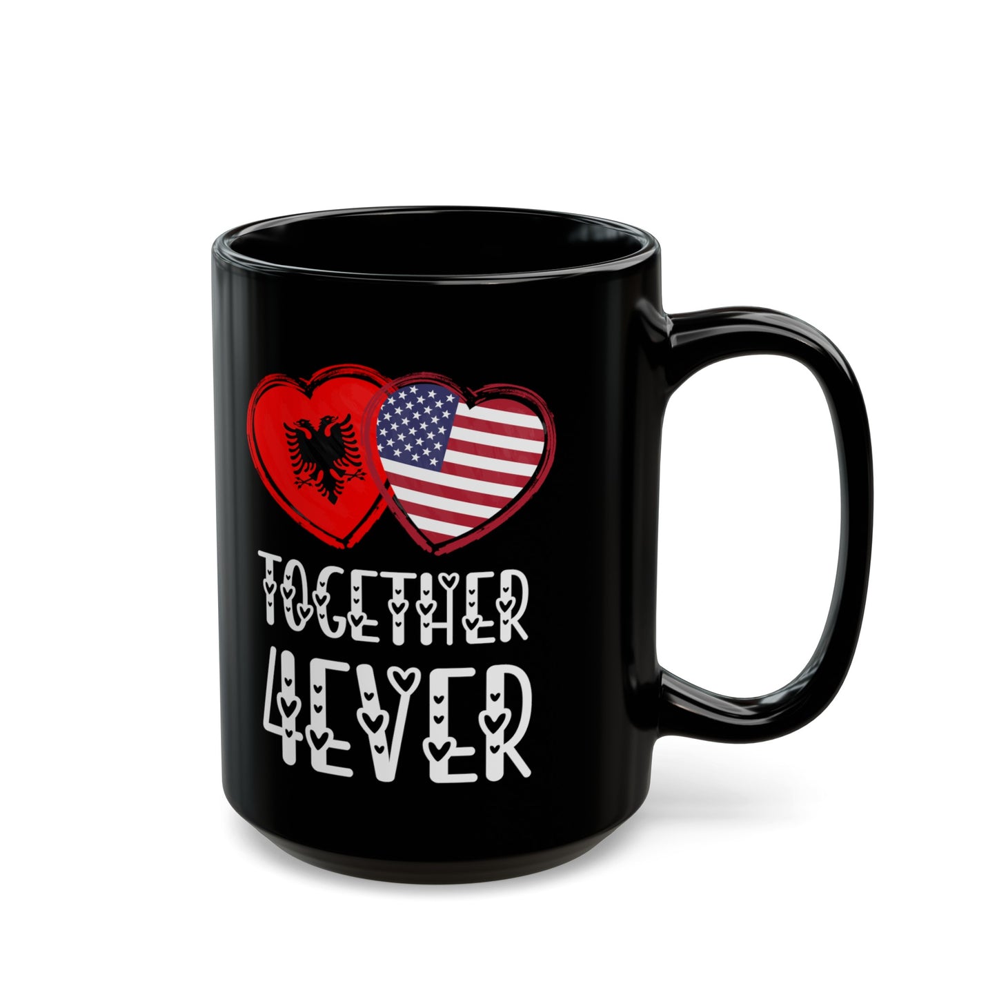 Albanian American Valentines Gift Flag Heart Albania USA Together 4ever Black Mug (11oz, 15oz)