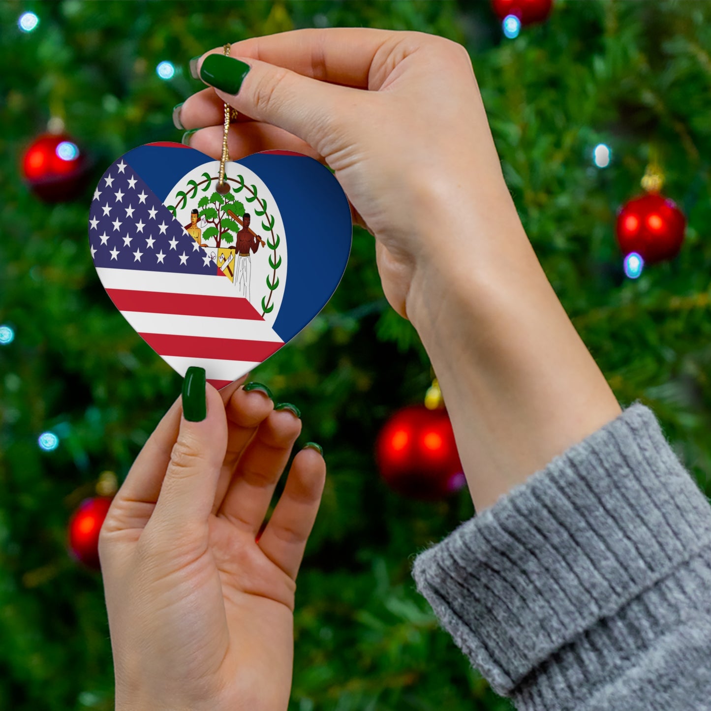 Belize American Flag Half Belizean USA Ceramic Ornament | Christmas Tree Ornaments