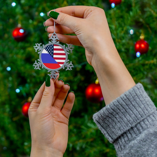 Russian American Flag Half Russia USA Pewter Snowflake Ornament