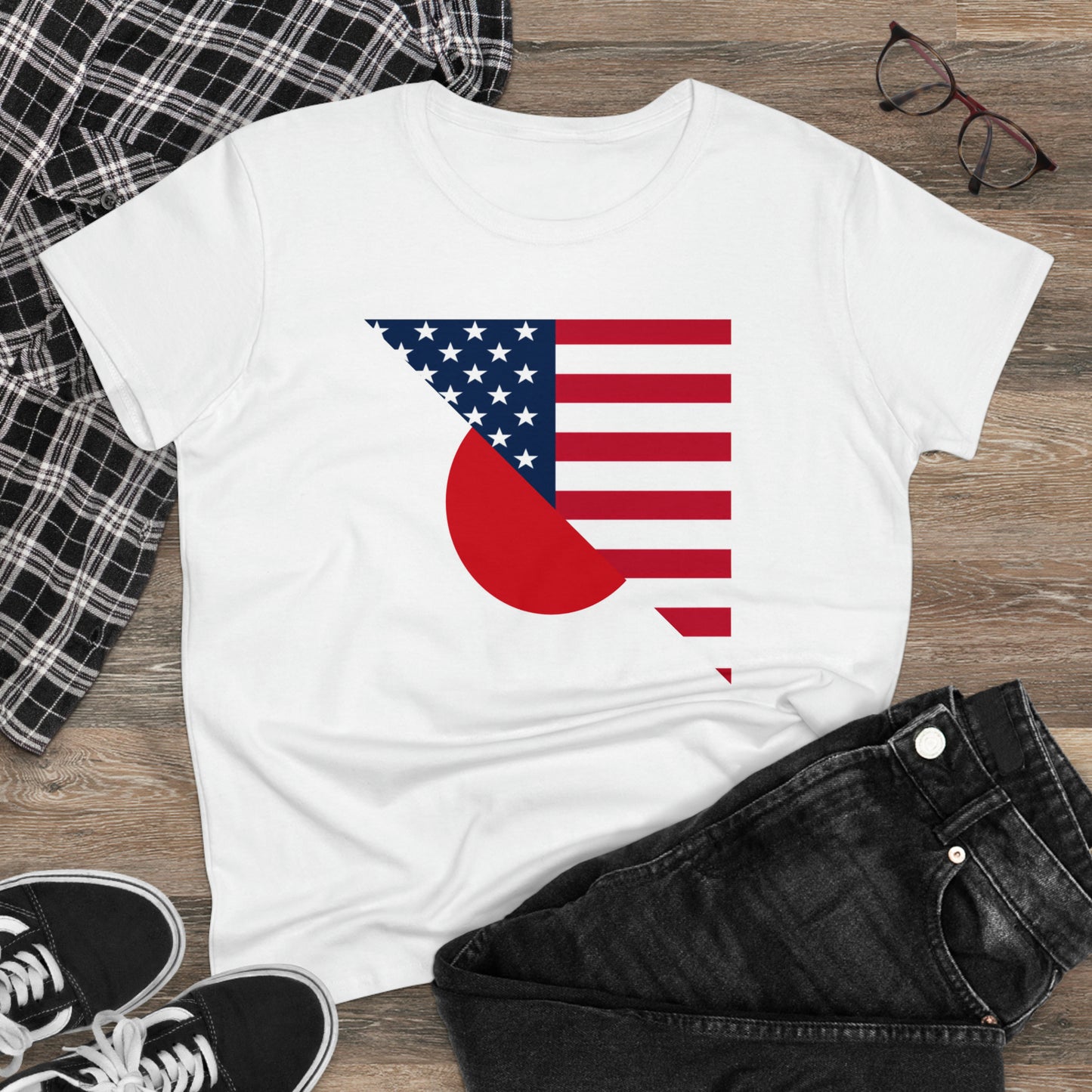 Women's Japan America Flag |Half Japanese USA Flag Cotton Tee Shirt