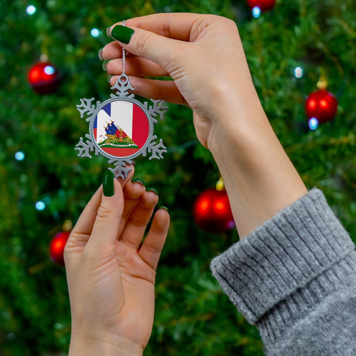 Haitian French Flag Half Haiti France Pewter Snowflake Ornament