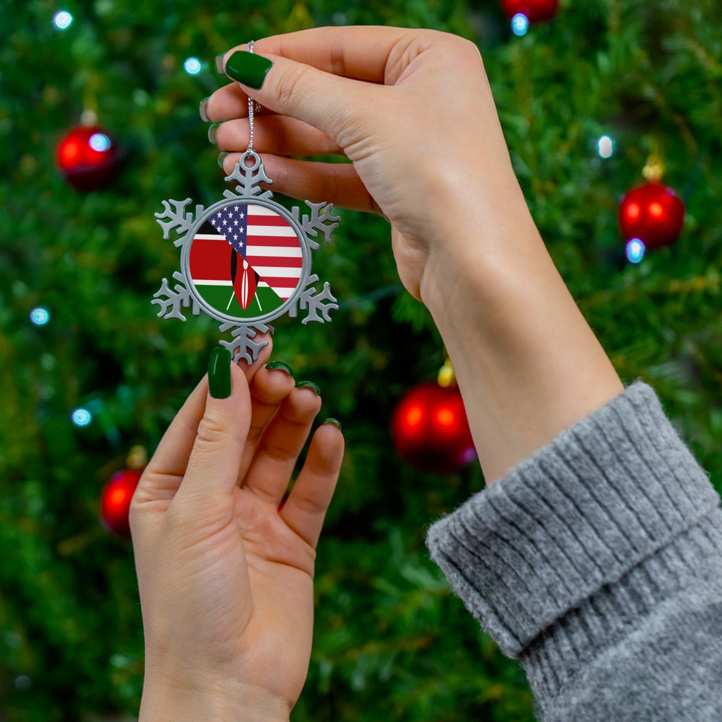 Kenyan American Flag Kenya USA Pewter Snowflake Ornament