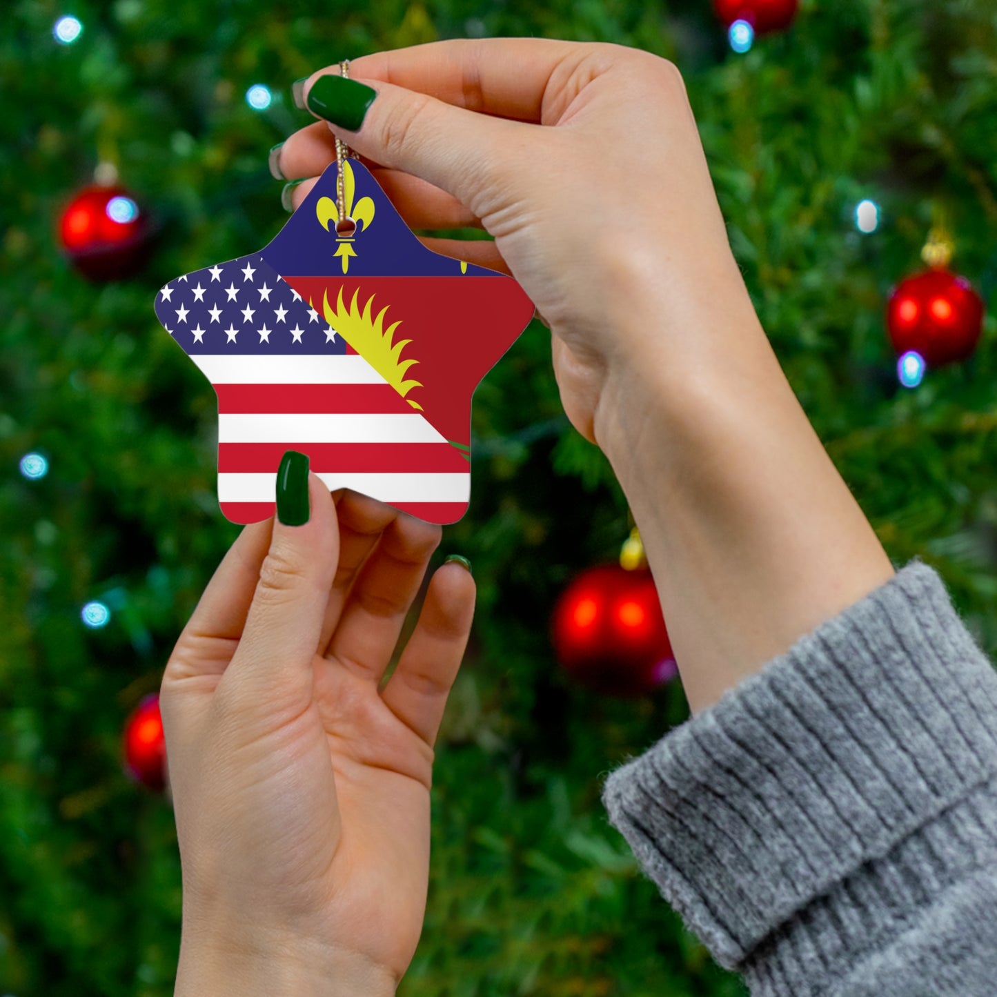 Guadeloupe American Flag Half Guadeloupean USA Ceramic Ornament | Christmas Tree Ornaments