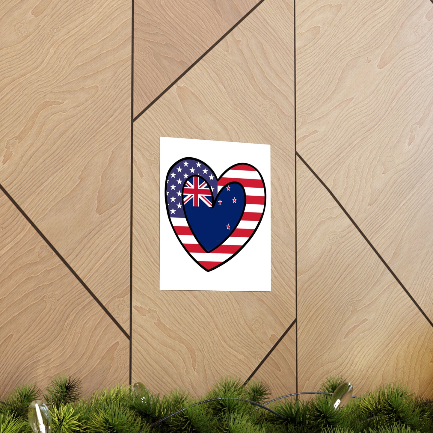 Kiwi American Heart Valentines Day Gift Half New Zealand USA Flag Premium Matte Poster