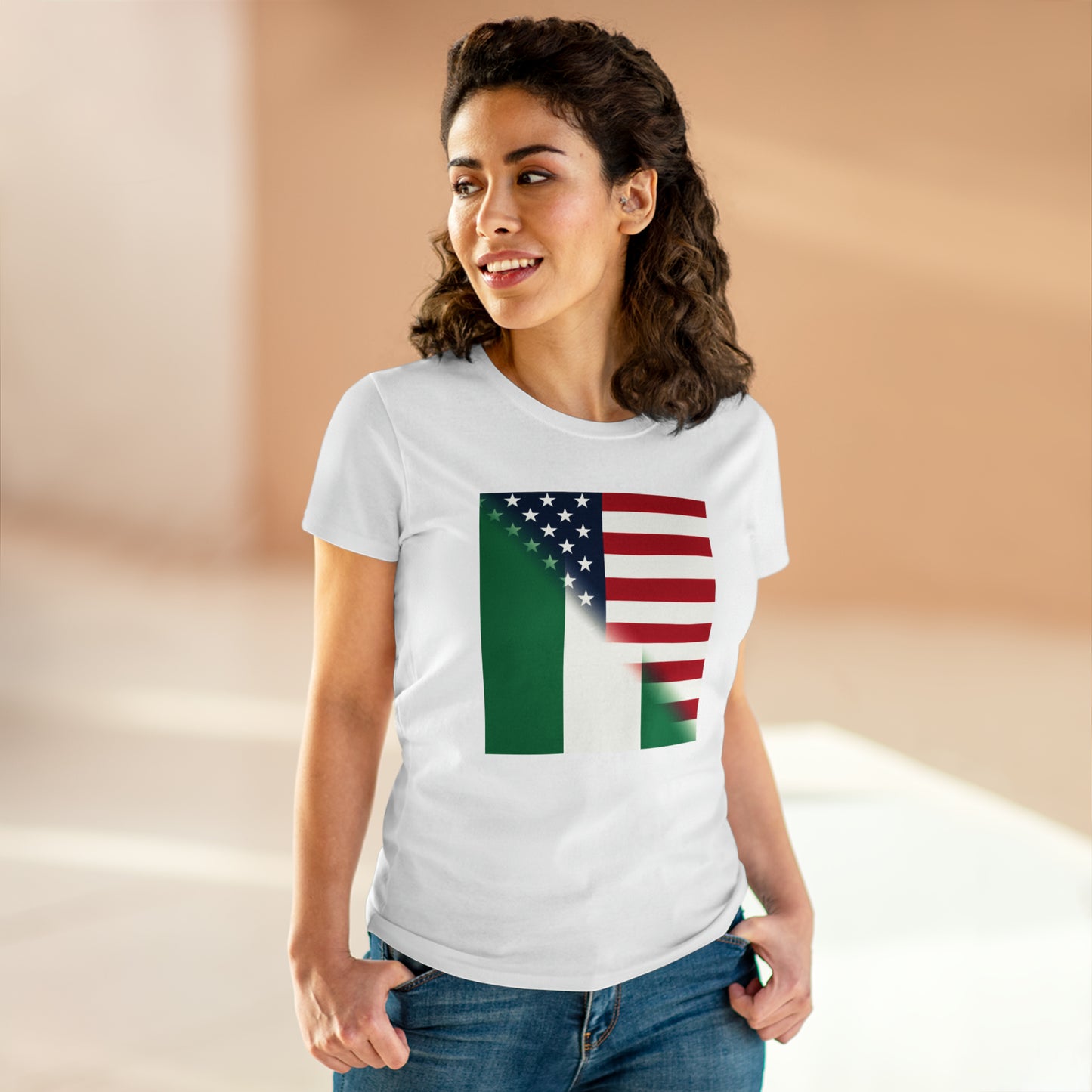 Women's Nigeria America Flag | United States Half Nigerian Cotton Tee Shirt