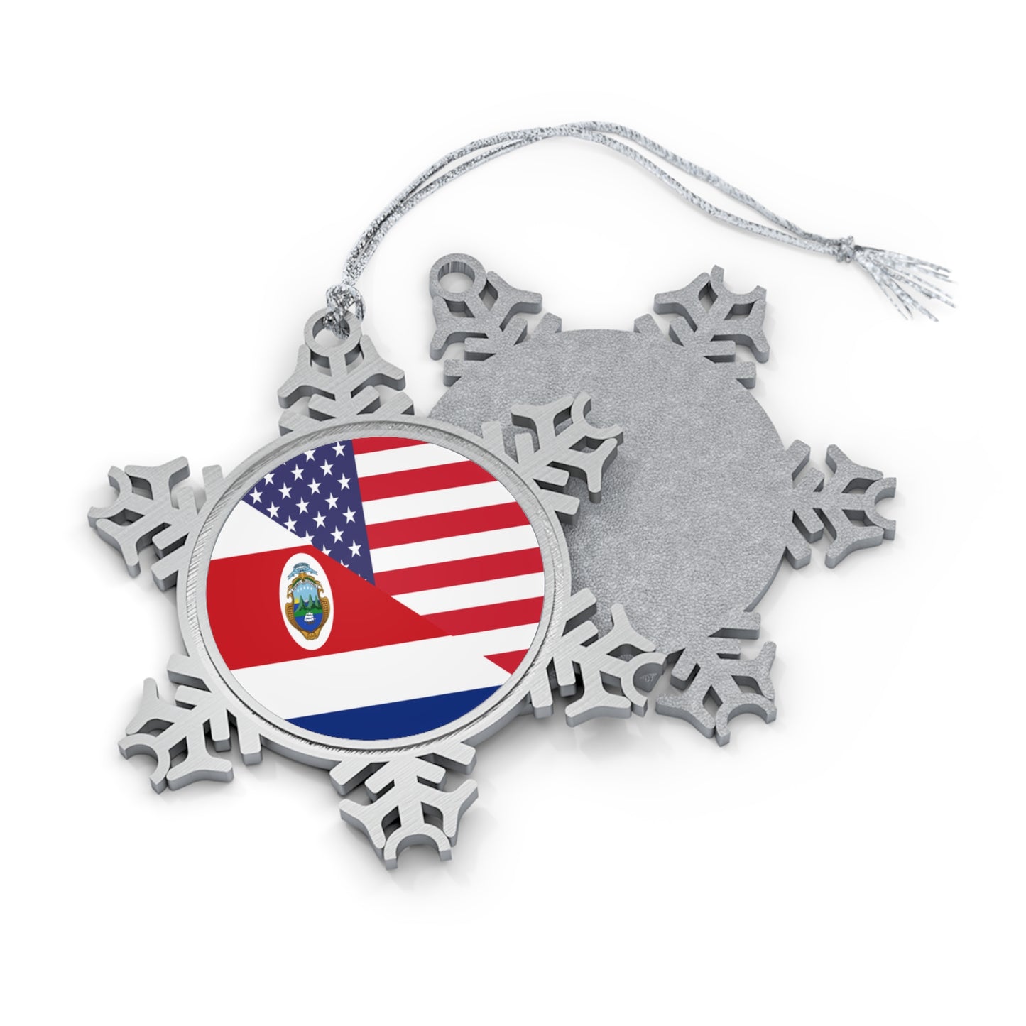 Costa Rican American Flag USA Pewter Snowflake Ornament