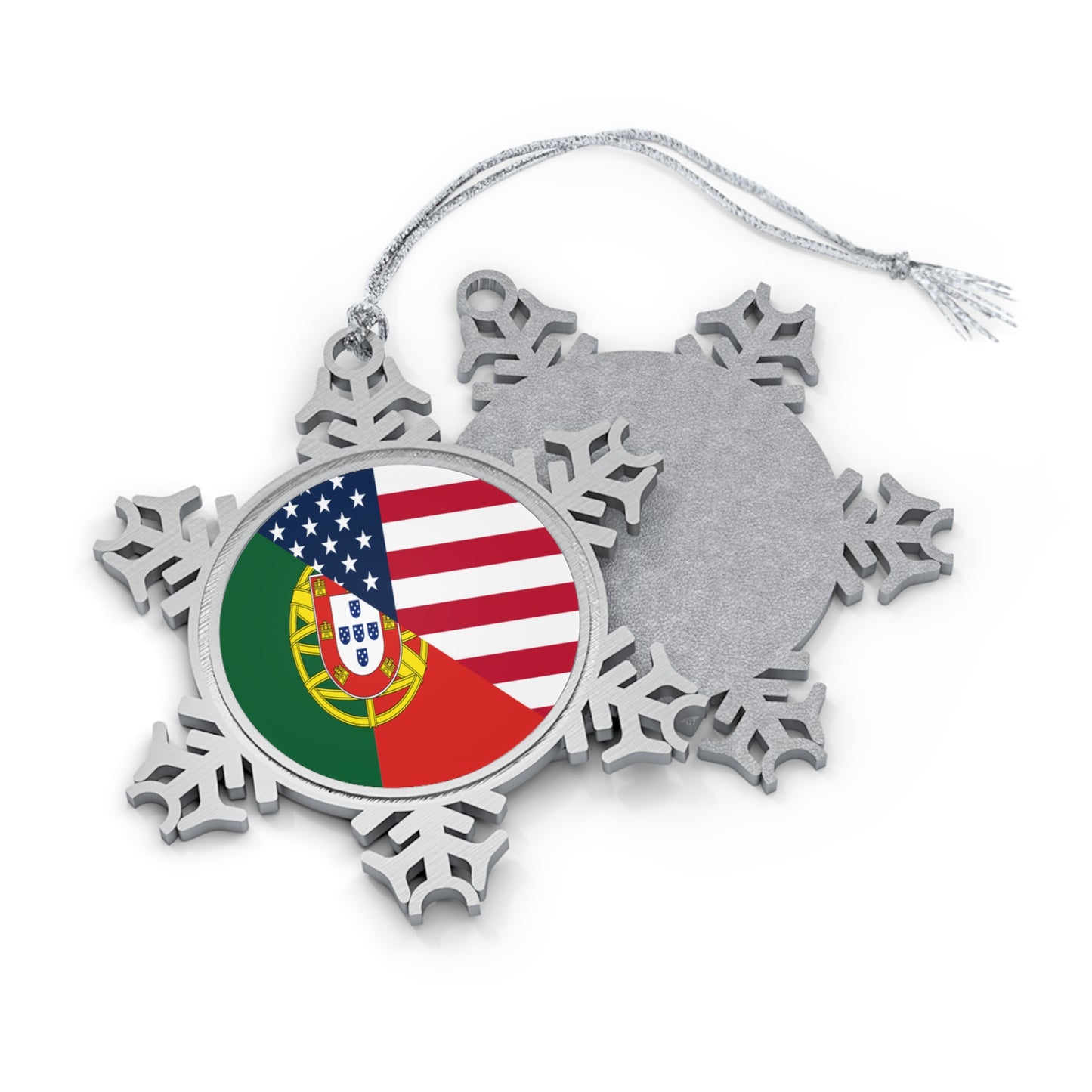 Portugal American Flag Half Portuguese USA Pewter Snowflake Ornament