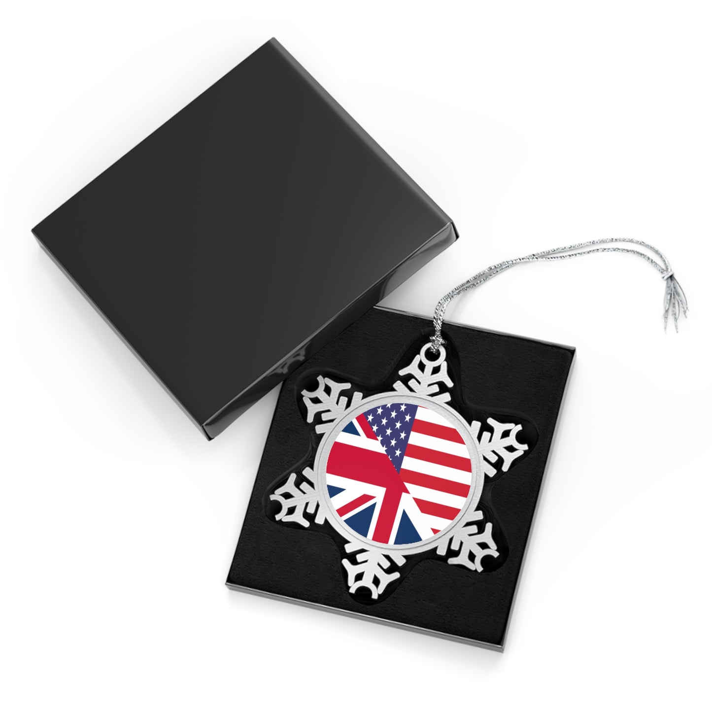 English American Flag United Kingdom USA Pewter Snowflake Ornament