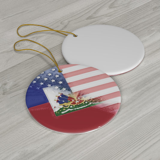 Haiti America Flag Painted | Half Haitian American Flag Ceramic Ornament | Christmas Tree Ornaments