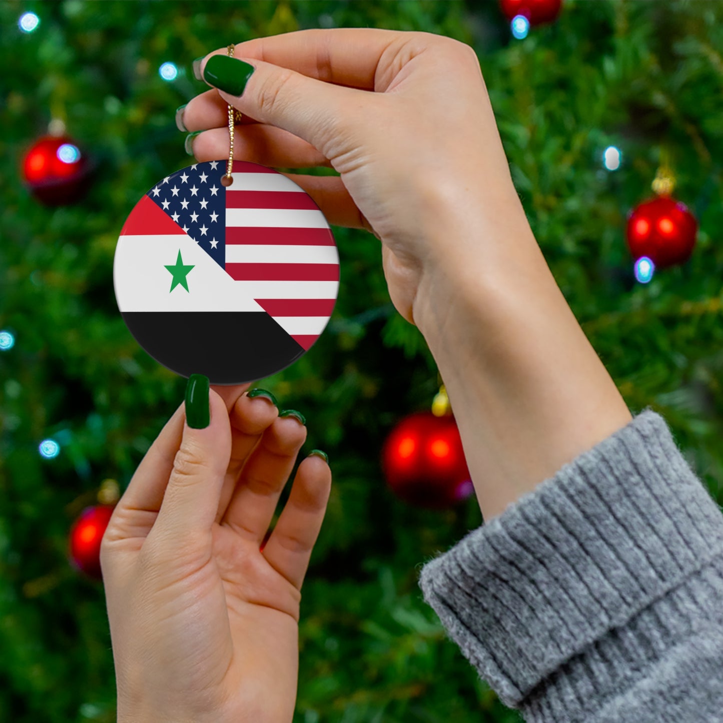 Syrian American Flag Half Syria USA Ceramic Ornament | Christmas Tree Ornaments