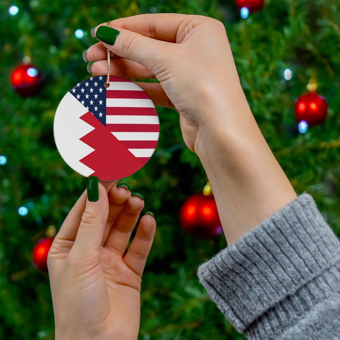 Bahrain American Flag Half Bahraini USA Ceramic Ornament | Christmas Tree Ornaments