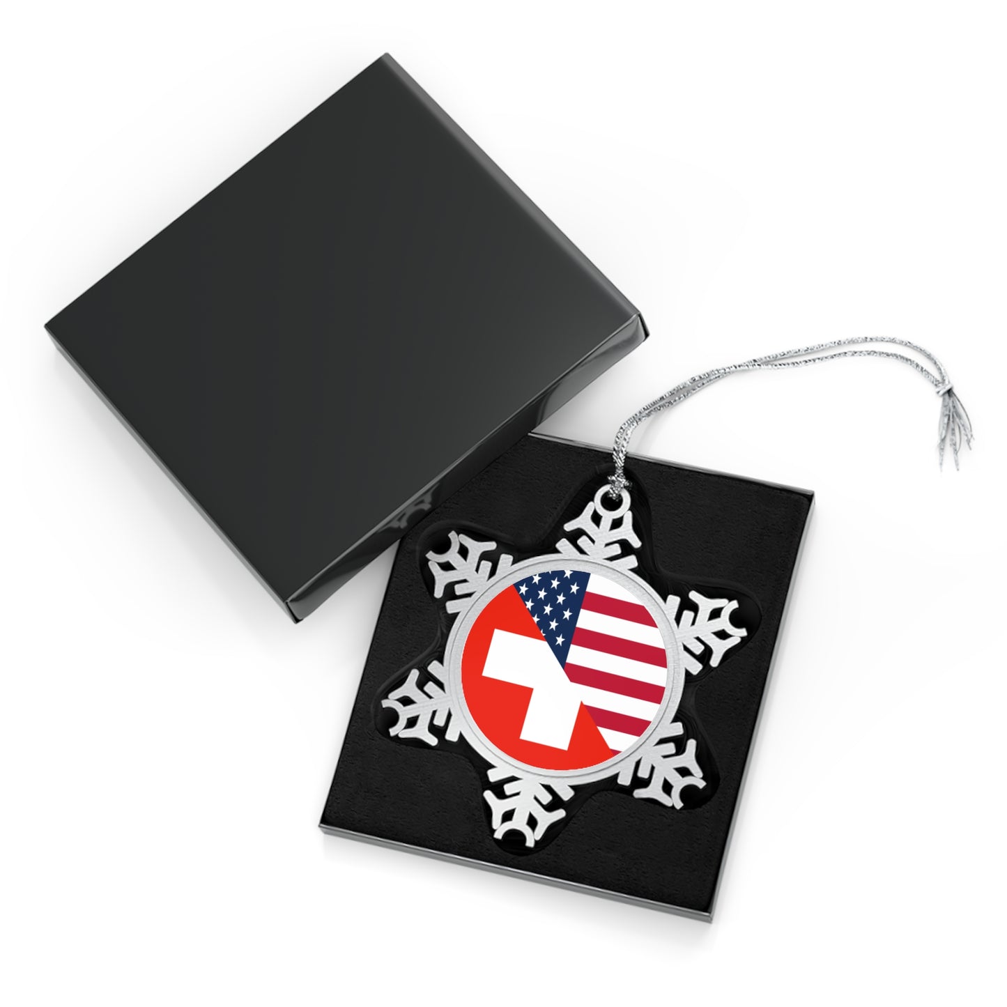 Swiss American Flag Switzerland USA Pewter Snowflake Ornament