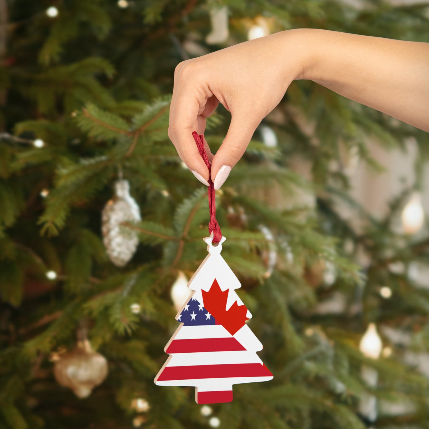 Canadian American Flag Canada USA Wooden Ornament