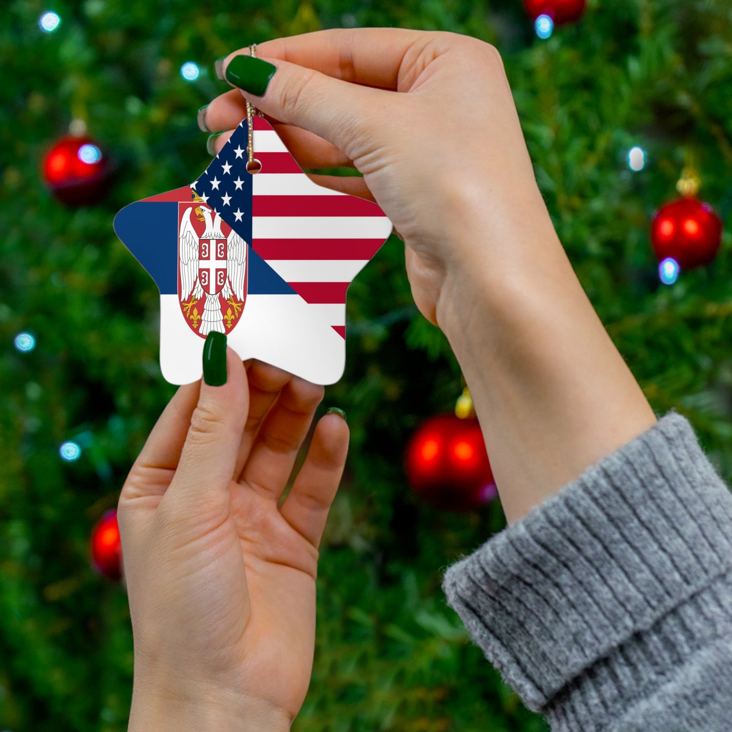 Serbian American Flag Half Serbia USA Ceramic Ornament | Christmas Tree Ornaments