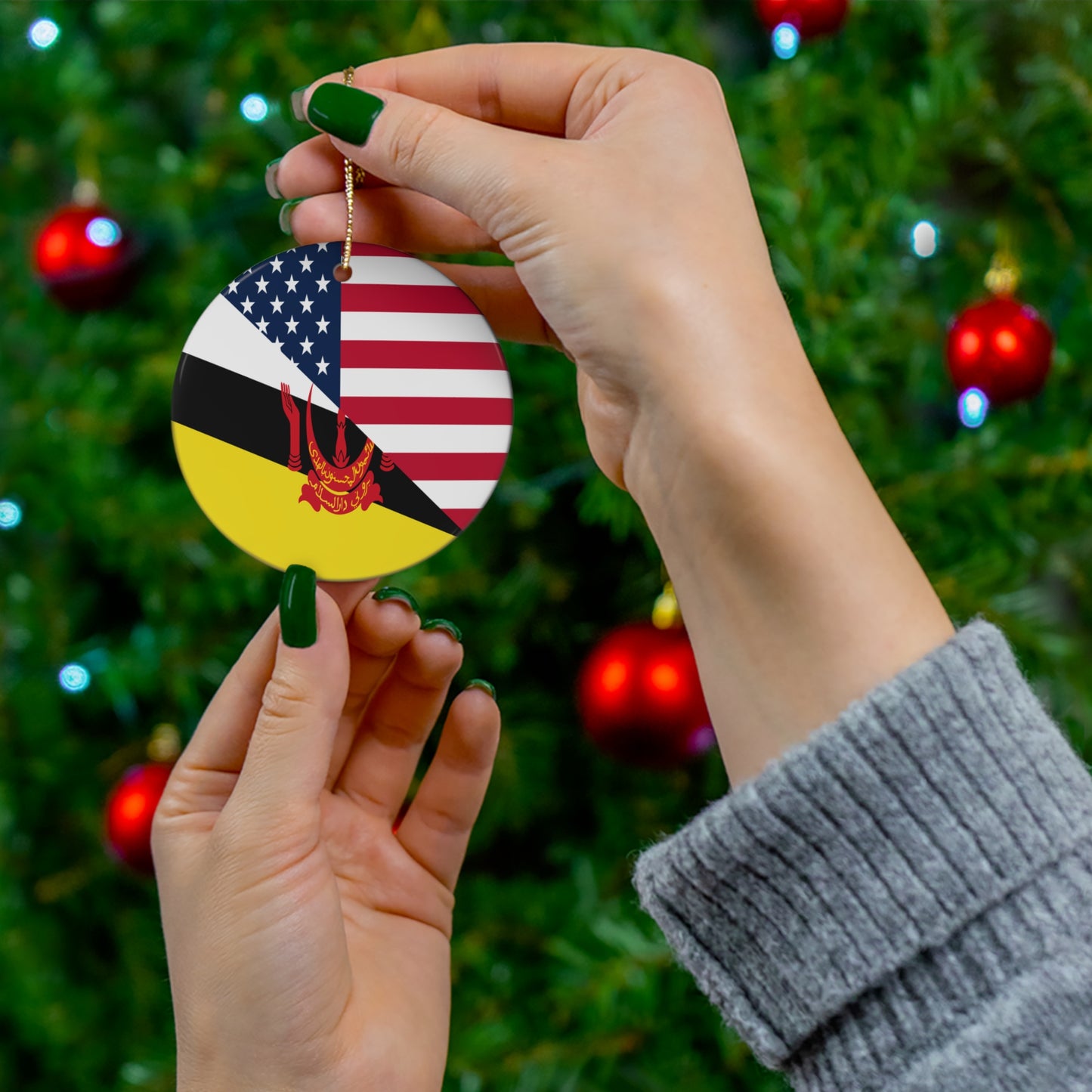 Brunei American Flag Half Bruneian USA Ceramic Ornament | Christmas Tree Ornaments