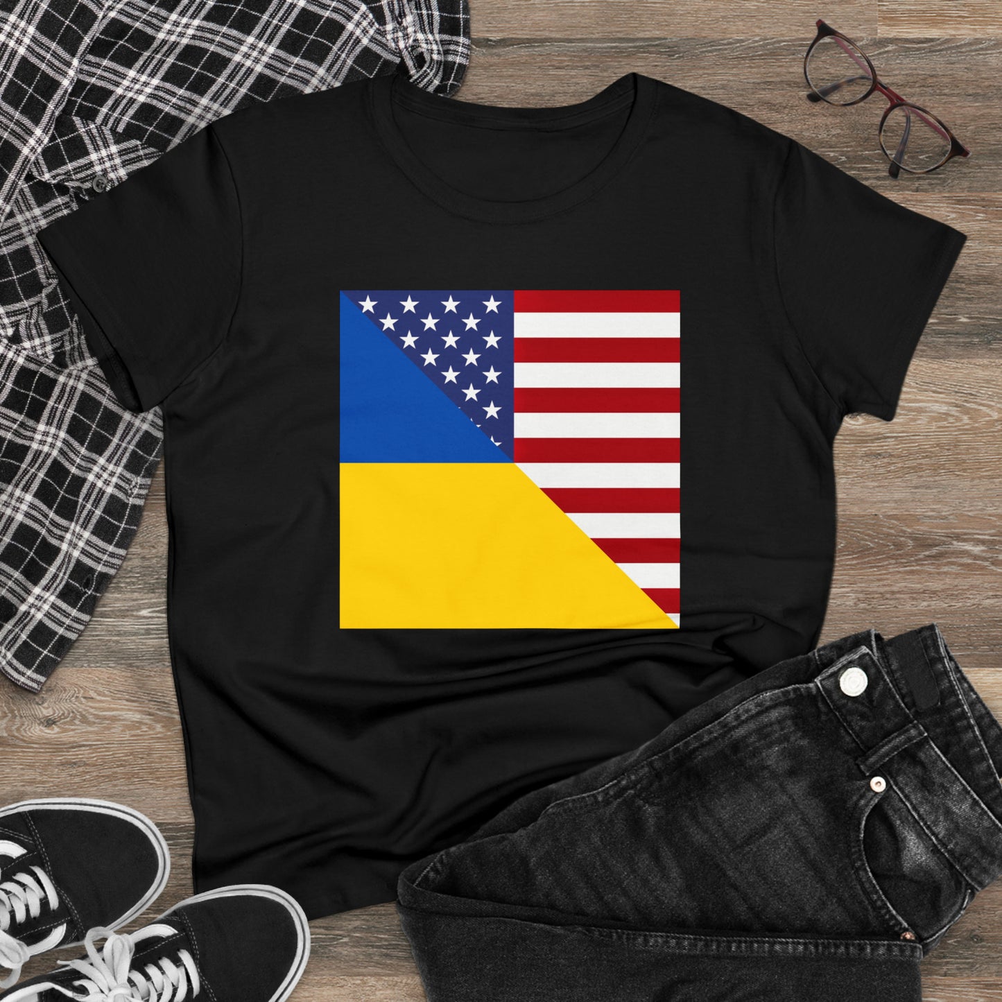 Women's Ukrainian American Flag | Half Ukraine USA Cotton Tee Shirt
